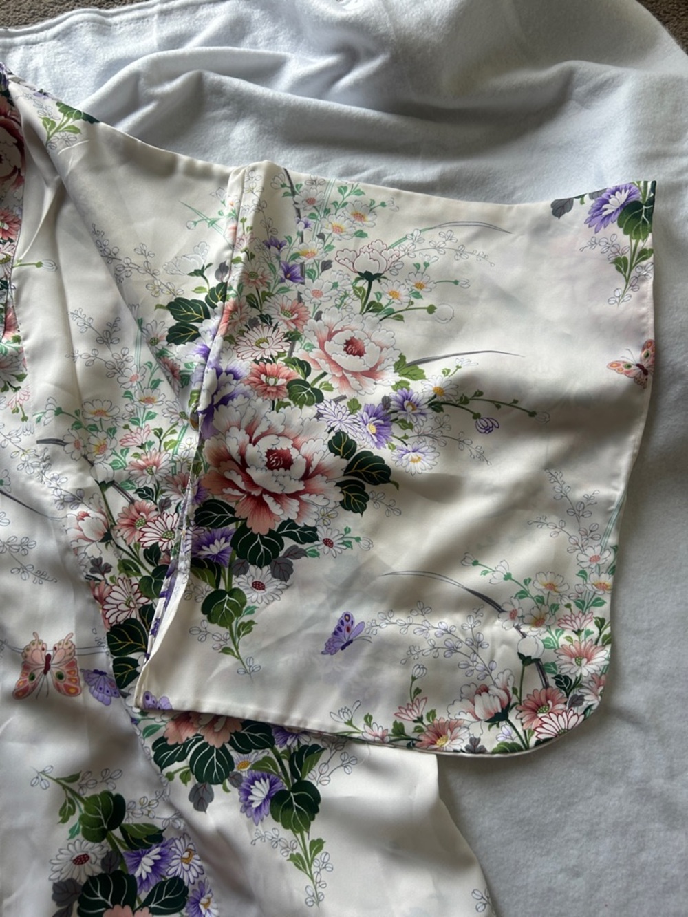 Floral Satin Robe in Ivory with Pink & Purple Blooms - Picture 5 of 8